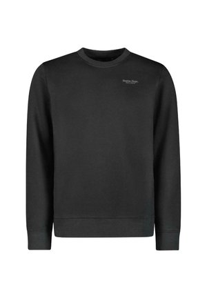 Zwarte sweatshirt met een ronde halslijn en lange mouwen, voorzien van een klein logo op de borst met de tekst "Denim Dept." in lichtgrijs.