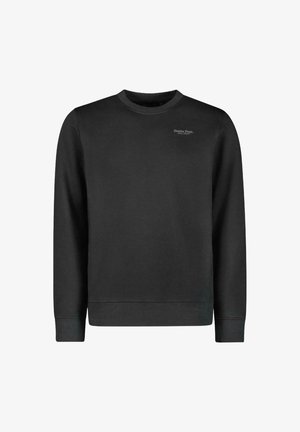 Zwarte sweatshirt met een ronde halslijn en lange mouwen, voorzien van een klein logo op de borst met de tekst "Denim Dept." in lichtgrijs.