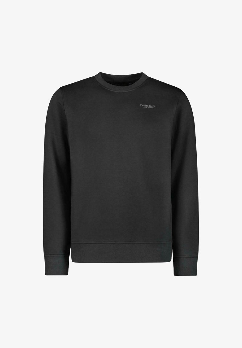 Zwarte sweatshirt met een ronde halslijn en lange mouwen, voorzien van een klein logo op de borst met de tekst "Denim Dept." in lichtgrijs.