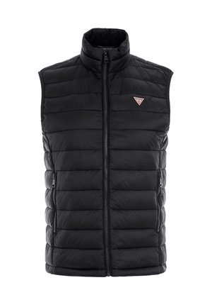Chaleco puffer negro con cuello alto, cierre frontal y bolsillos laterales con cremallera. Presenta paneles acolchados y una pequeña insignia de logo en el pecho.