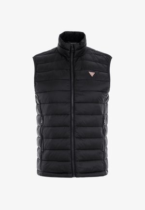 Czarna kamizelka puchowa z wysokim kołnierzem, zamek z przodu i bocznymi kieszeniami na zamek. Posiada pikowane panele i małą naszywkę z logo na klatce piersiowej.
