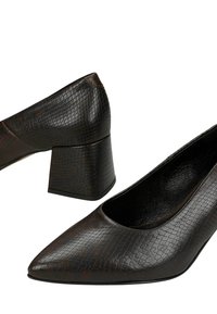 Tacchi in pelle marrone con una trama a pelle di serpente, punta affusolata e robusto tacco a blocco. Interno liscio con una finitura lucida.