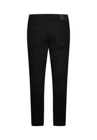 Rückansicht von schwarzen Slim-Fit-Jeans mit zwei Gesäßtaschen und einem Taillenetikett vor weißem Hintergrund.