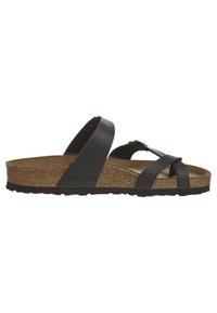 Sandalias negras de slide con múltiples correas, plantilla de corcho y suela de goma texturizada. Cuenta con puntera abierta y un ajuste ajustable para mayor comodidad.