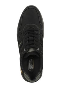 Schwarzer Sportschuh mit glattem Lederoberteil, grauen Nähten, runder Zehenpartie, Schnürverschluss und gepolstertem Zungenbereich mit einem Logo.