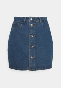 Denim button-up skirt in dark blue, featuring five silver buttons down the front, classic pockets, and a straight-fit design.