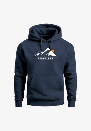 Navy blue hoodie made of soft fabric, featuring a front pocket. The design includes white mountain graphics and a sun icon with "NEVERLESS" text.