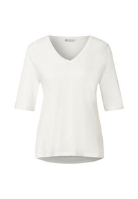 Bílý krátký rukáv top vyrobený z lehkého materiálu, s výstřihem do V a uvolněným střihem. Hladká textura, bez vzorů nebo akcentů.