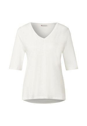 Valkoinen lyhythihainen paita, joka on valmistettu kevyestä kankaasta. Siinä on V-pääntie ja rento siluetti. Pintakuvio on sileä, ei kuvioita tai koristeita.