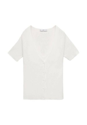 White short-sleeve cardigan with a V-neck, ribbed texture, and six front buttons. Simple, minimalistic design, suitable for layering.