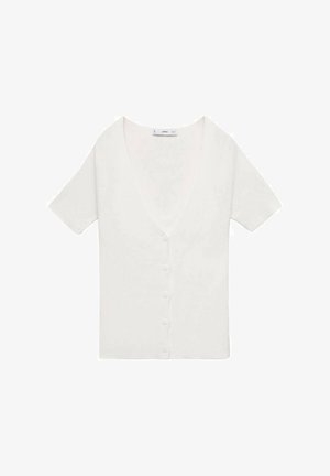 Cardigan bianco a maniche corte con scollo a V, texture a costine e sei bottoni frontali. Design semplice e minimalista, adatto per essere indossato a strati.