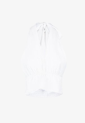 Witte haltertop met een geknoopte halsontwerp, elastische taille en een licht uitlopende zoom. Gemaakt van lichte stof met een gladde textuur.