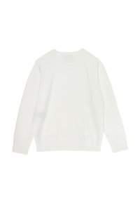 Maglione bianco con una texture a maglia, dotato di maniche raglan e orlo a costine. Tessuto liscio senza motivi o dettagli distintivi.