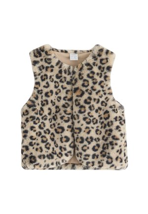 Leren vest van leopardprint nepbont met een zachte textuur, ronde halslijn en zonder mouwen, voorzien van een effen beige voering en een sluiting aan de voorkant.