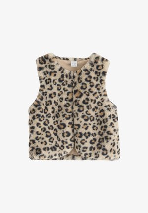 Leren vest van leopardprint nepbont met een zachte textuur, ronde halslijn en zonder mouwen, voorzien van een effen beige voering en een sluiting aan de voorkant.