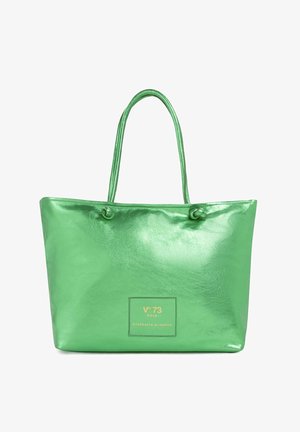Bolsa tote verde brillante con asas dobles y un pequeño parche de logo en relieve en el centro delantero.