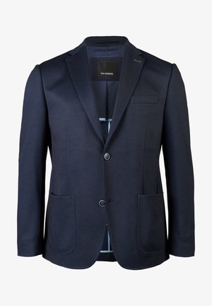 Marineblazer van textuurstof, met twee voorzakken, een borstzak en een sluiting met twee knopen. Belegd interieur met details.