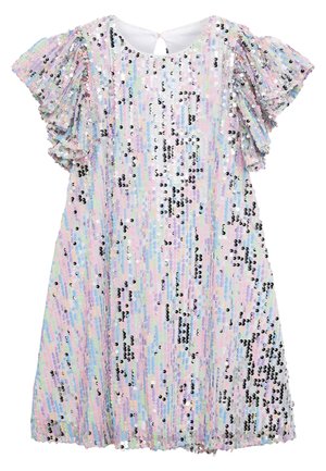 Sukienka z cekinami w tęczowy wzór, z krótkimi falbankowymi rękawami, okrągłym dekoltem i otworem na plecach.