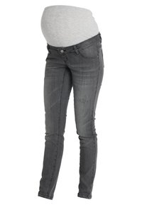 Raskausfarkut harmaasta denimestä, joissa on istuva muotoilu, venyvä vyötärö mukavuutta varten ja hienovarainen kulutuspinta jaloissa.