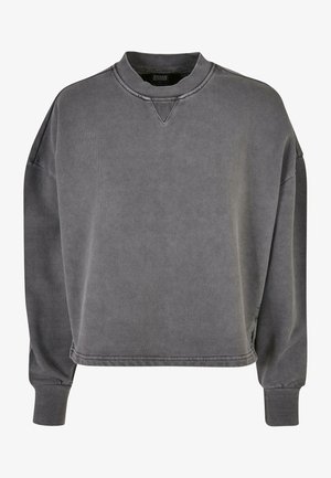 Sweatshirt oversized griș din bumbac, cu guler rotund, mâneci lungi, manșete ribdate și o finisare discret texturată.