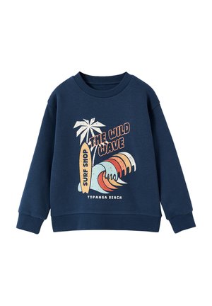 Navy blue sweatshirt with palm tree, surfboard, colorful wave graphic, and text "The Wild Wave," "Surf Shop," and "Topanga Beach" on front.