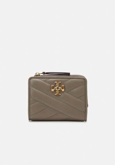 Gray leather wallet with quilted pattern, gold hardware accent, and zip closure. Features logo on the front and contrasting stitching.