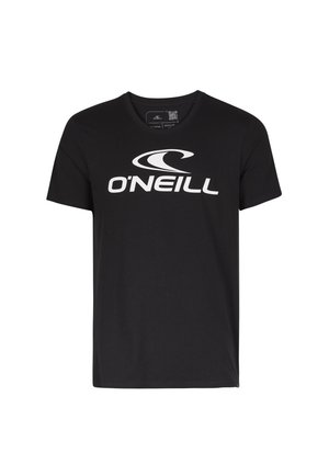 Schwarzes Baumwoll-T-Shirt mit einem großen weißen "O'NEILL"-Logo in fetter Schrift, Rundhalsausschnitt und kurzen Ärmeln. Glatte Textur, normale Passform.
