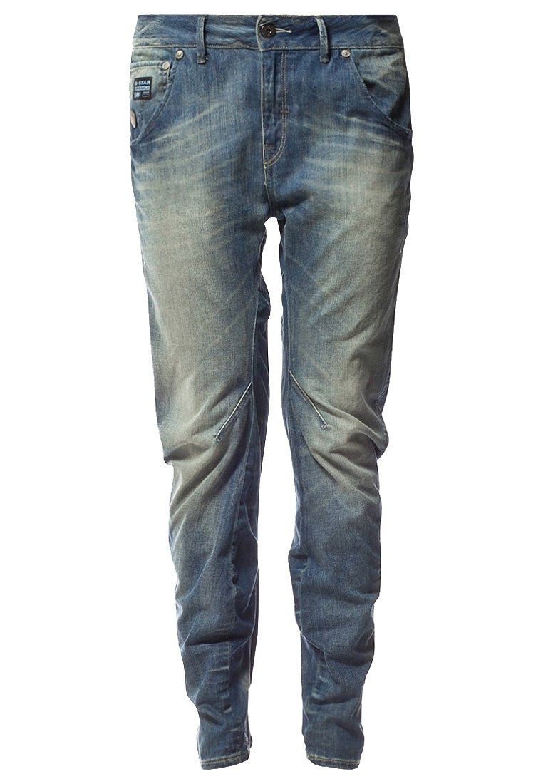 Světle modré džíny z denimu s vybledlým vzhledem, pěti kapsami a zapínáním na knoflík. Obsahují jemné detaily prošívání a úzký střih.