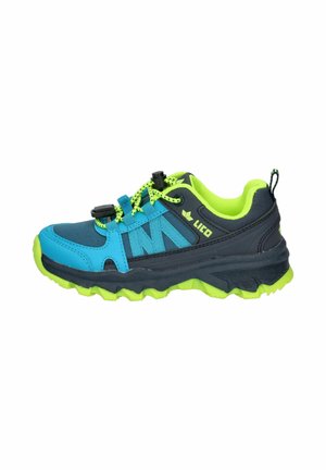 Kinder-Sportschuh in Blau und Neon-Grün mit dicker Sohle, Schnellverschluss-Schnürsenkeln und dem Markennamen "LICO" an der Seite.