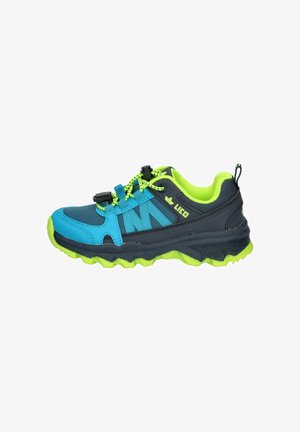 Kinder-Sportschuh in Blau und Neon-Grün mit dicker Sohle, Schnellverschluss-Schnürsenkeln und dem Markennamen "LICO" an der Seite.