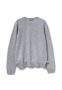 Maglione grigio chiaro realizzato in morbido filato, con scollatura rotonda, polsini e orlo a costine, dotato di un piccolo logo sul lato inferiore.