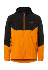 Giacca arancione e nera con cappuccio, dotata di chiusura a zip, maniche lunghe e due tasche laterali. Realizzata in materiale leggero e resistente.