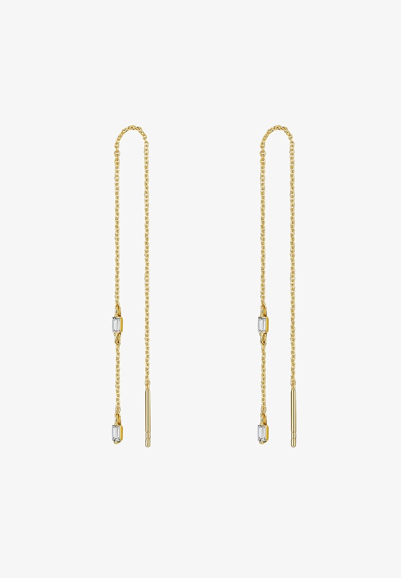 Zlate uhane iz verige s zvitim dizajnom, ki vključujejo jasne pravokotne akcentne dele in tanke konce. Lahki in podolgovate oblike.
