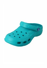 Aqua-blauer Clog zum Hineinschlüpfen aus leichtem Plastik mit Belüftungsöffnungen, einer strukturierten Sohle und einem verstellbaren Fersenriemen.