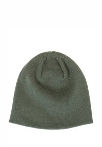 Bonnet tricoté vert avec une texture douce, doté d'un dessus arrondi et d'un design à côtes. Simple et sans embellissements, adapté aux temps froids.