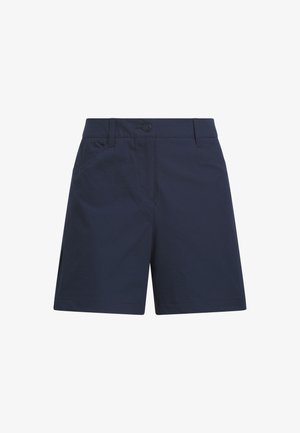 Navy blue knee-length shorts with front button closure, belt loops, and side pockets, displayed on a white background.