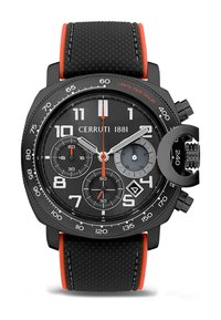 Orologio cronografo nero con cinturino in silicone testurizzato nero e arancione, caratterizzato da bold numeri bianchi e molteplici sottodial in un design elegante.