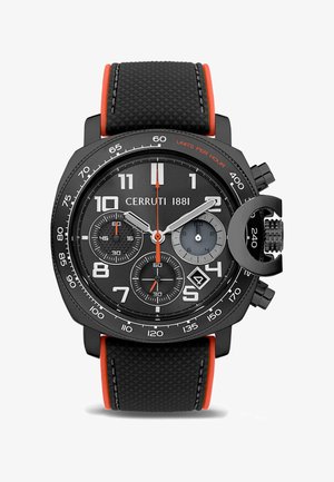 Czarny zegarek chronograf z teksturowanym czarnym i pomarańczowym paskiem z silikonu, z wyraźnymi białymi cyframi i wieloma sub-tarczami o eleganckim wzornictwie.