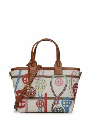Borsa tote beige con manici e cinturini in pelle marrone, caratterizzata da un motivo astratto colorato di corde e cerchi in rosso, blu, verde e giallo.