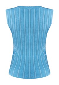 Top sans manches bleu avec des rayures verticales et une texture côtelée. Le dos présente une encolure festonnée et un design cintré.