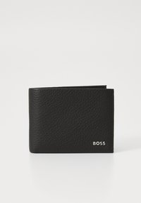 Black leather wallet with a textured surface, bi-fold design, and silver "BOSS" logo on the front.