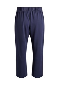 Námořnicky modré kalhoty ke kotníkům s elastickým pasem, hladkou texturou a rovnými nohavicemi. Bez viditelných kapes ani ozdob.