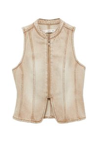 Vesta din denim bej fără mâneci, cu guler înalt, închidere cu fermoar pe față și detalii cu cusături verticale. Textură moale cu un finisaj ușor decolorat.