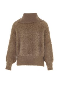Bruine fuzzy trui met een hoge, geribbelde kraag. Losse pasvorm, lange mouwen en een zachte textuur. Heeft een licht cropped ontwerp.