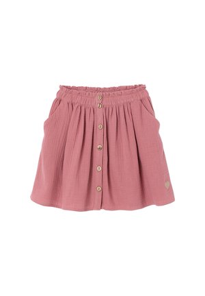 Pink gathered skirt with elastic waistband, front button closure, side pockets, and small beige heart detail near hem.