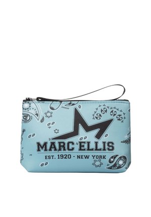 Bustina da polso azzurra chiaro con disegni paisley neri, grande logo a stella e testo "Marc Ellis Est. 1920 New York" sul davanti.