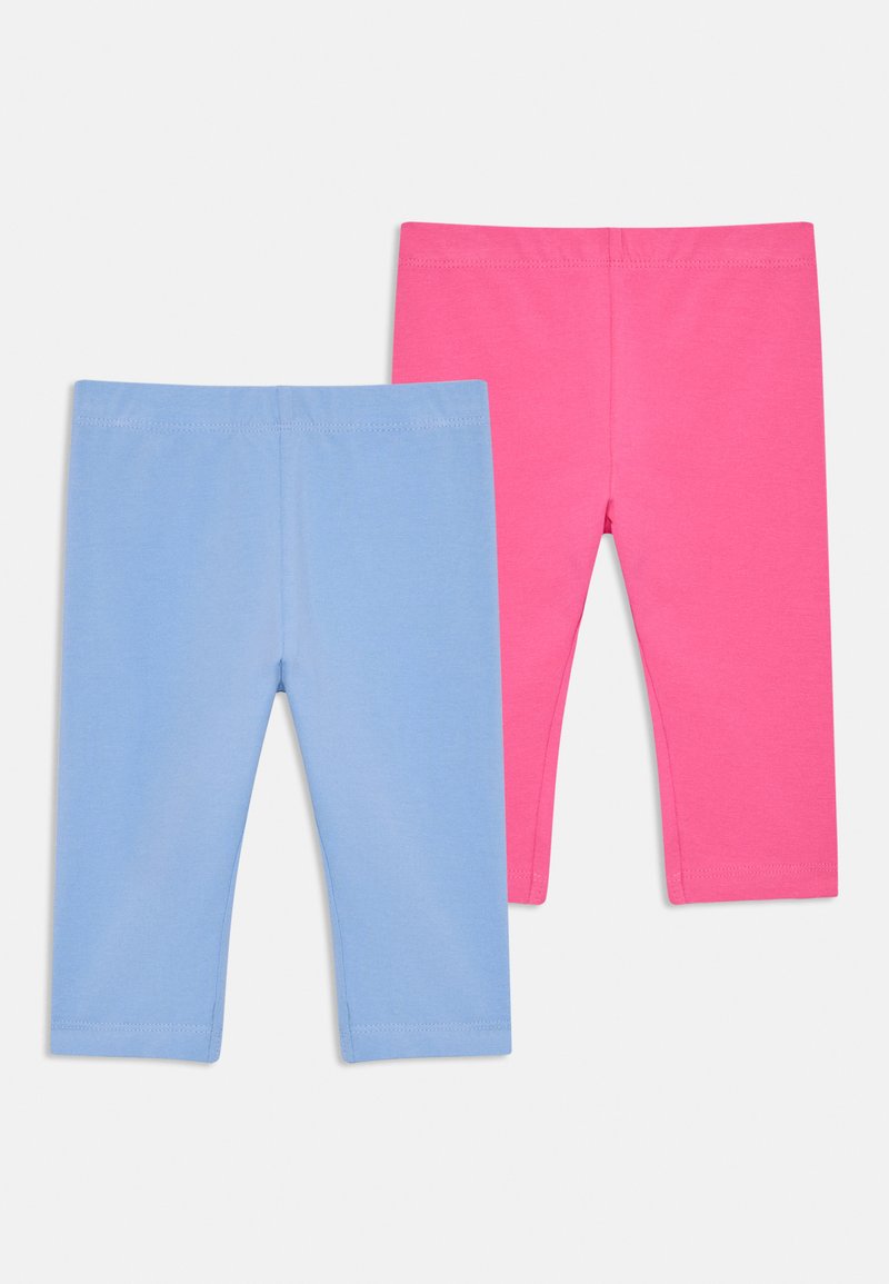 Deux paires de leggings : une bleue et une rose. Fabriqués en matériau doux et extensible, avec des tailles élastiques et un design ajusté.