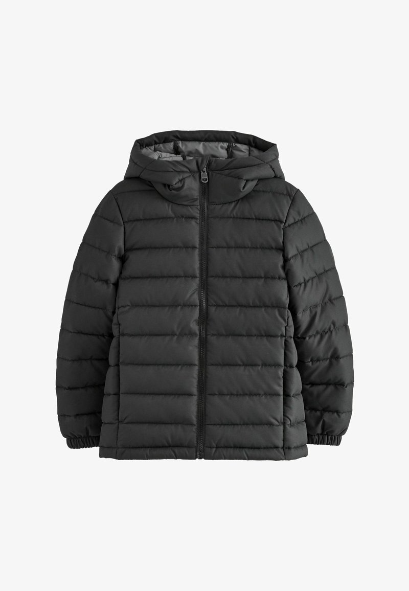 Black puffer jacket with a hood, featuring a front zipper, horizontal stitching, and elastic cuffs. Smooth, water-resistant exterior.