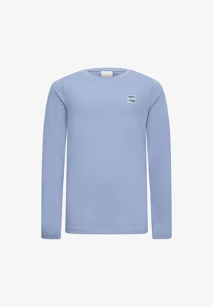 Helles blaues Langarmshirt aus weichem Baumwollstoff. Hat einen runden Halsausschnitt und ein kleines, rechteckiges Logopatch auf der Brust.