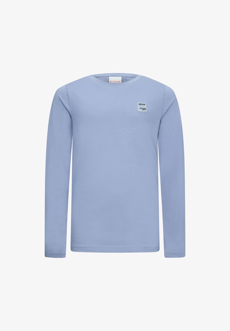 Helles blaues Langarmshirt aus weichem Baumwollstoff. Hat einen runden Halsausschnitt und ein kleines, rechteckiges Logopatch auf der Brust.